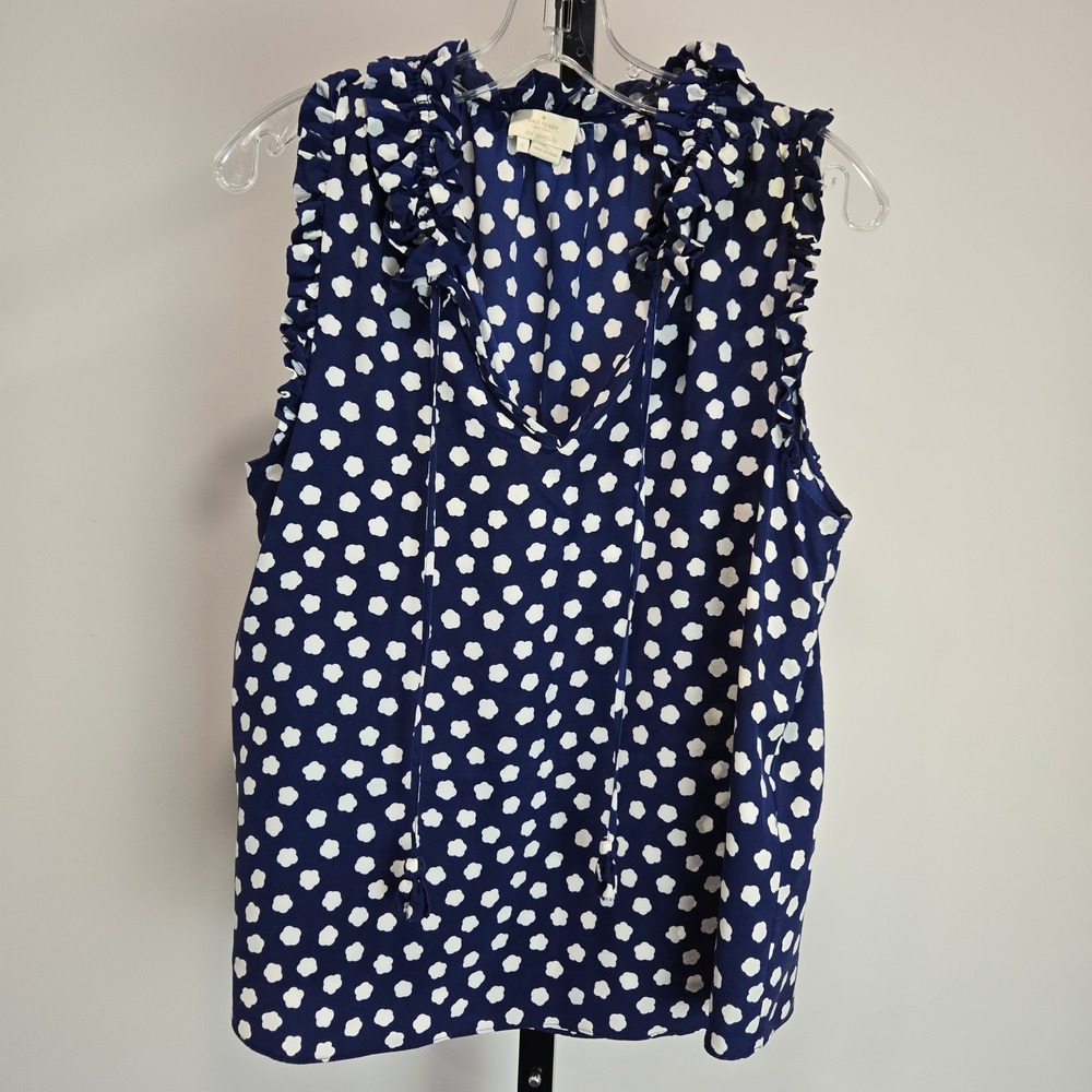 Kate Spade New York Navy Blue White Cloud Dot 100% Silk Ruffle Tie Blouse Large
